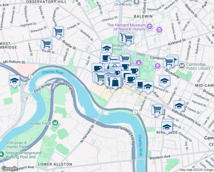 map of restaurants, bars, coffee shops, grocery stores, and more near 6 Bennett Street in Cambridge