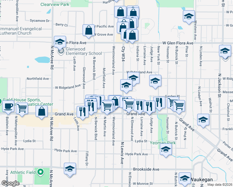 map of restaurants, bars, coffee shops, grocery stores, and more near 815 Westmoreland Avenue in Waukegan