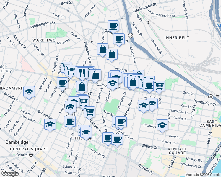 map of restaurants, bars, coffee shops, grocery stores, and more near 1 Palermo Street in Cambridge