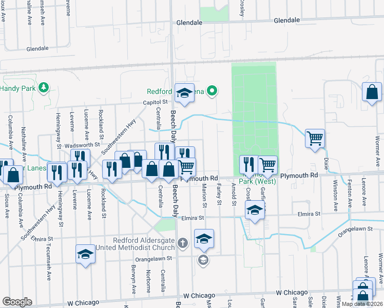 map of restaurants, bars, coffee shops, grocery stores, and more near 11680 Royal Grand in Redford Charter Township