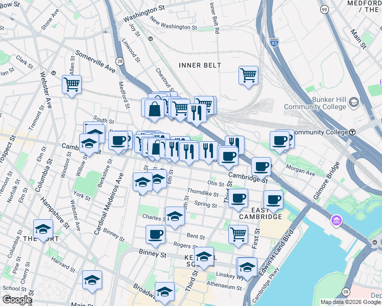 map of restaurants, bars, coffee shops, grocery stores, and more near in Cambridge