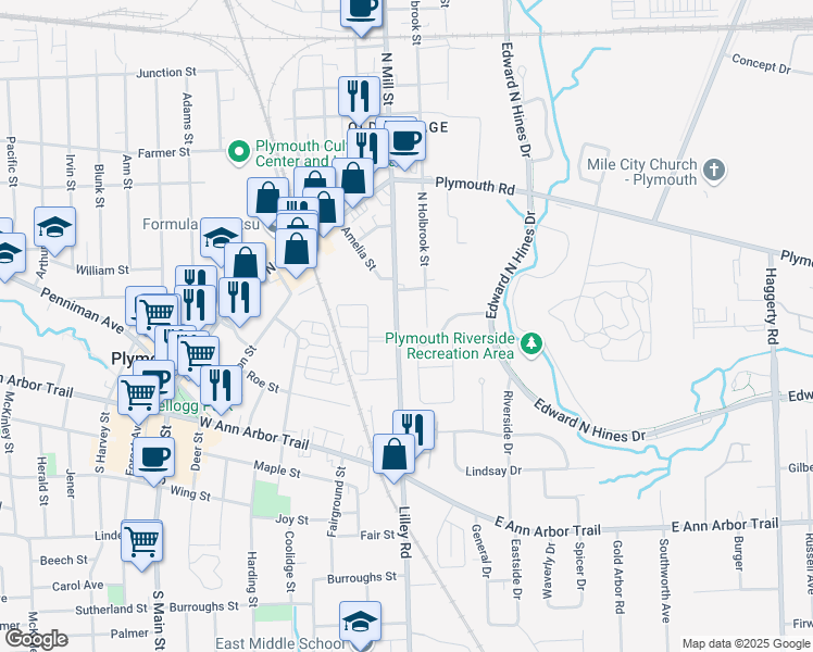 map of restaurants, bars, coffee shops, grocery stores, and more near 195 South Mill Street in Plymouth