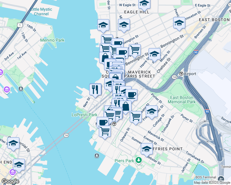 map of restaurants, bars, coffee shops, grocery stores, and more near 92 Lieutenant William F. Callahan Tunnel in Boston
