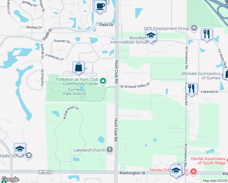 map of restaurants, bars, coffee shops, grocery stores, and more near 35066 Hunt Club Road in Gurnee