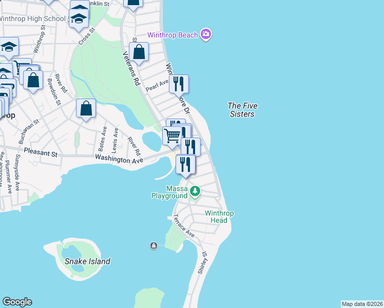 map of restaurants, bars, coffee shops, grocery stores, and more near 29 Underhill Street in Winthrop