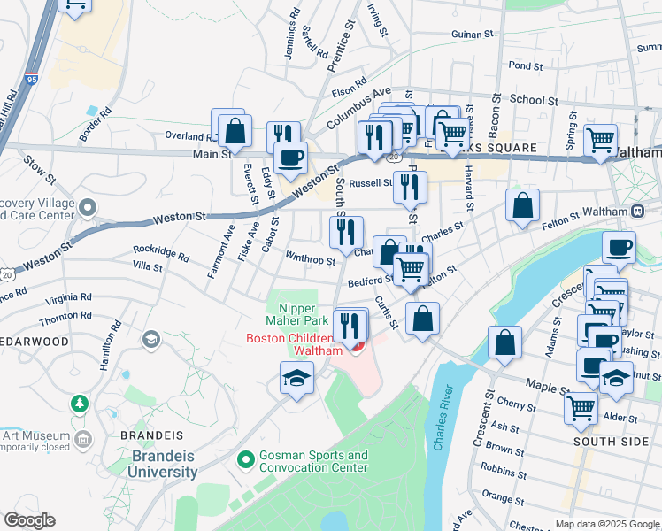 map of restaurants, bars, coffee shops, grocery stores, and more near 108 South Street in Waltham