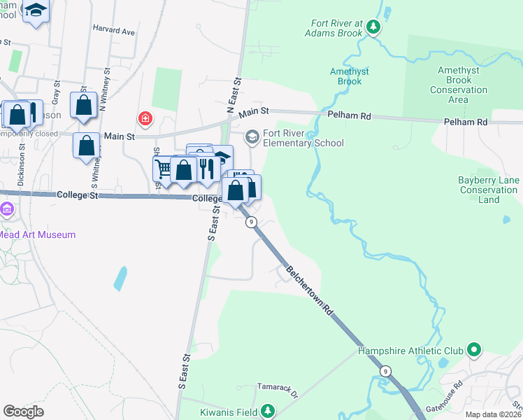 map of restaurants, bars, coffee shops, grocery stores, and more near 76 Belchertown Road in Amherst