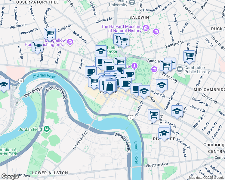 map of restaurants, bars, coffee shops, grocery stores, and more near 59 John F. Kennedy Street in Cambridge