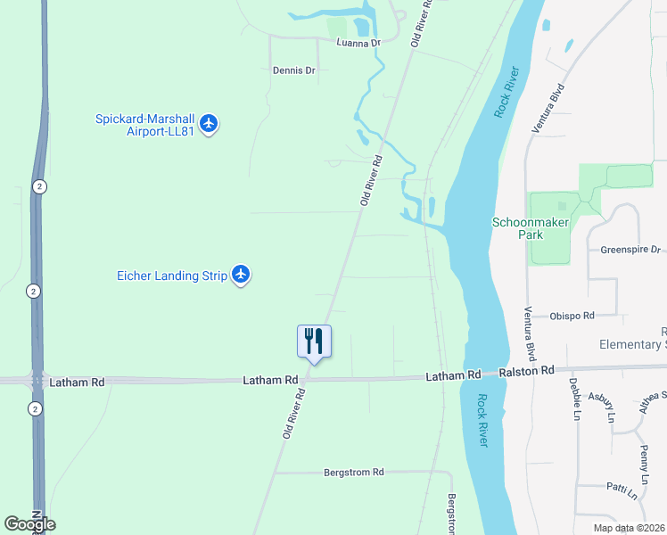 map of restaurants, bars, coffee shops, grocery stores, and more near 7741 Old River Road in Rockford