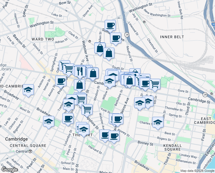map of restaurants, bars, coffee shops, grocery stores, and more near 1 Palermo Street in Cambridge