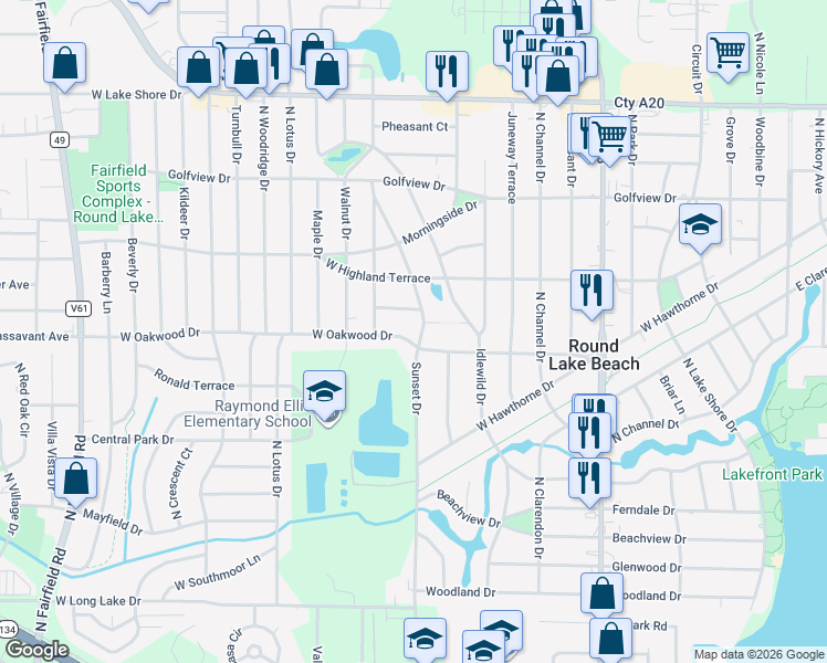 map of restaurants, bars, coffee shops, grocery stores, and more near 526 Oakwood Drive in Round Lake Beach