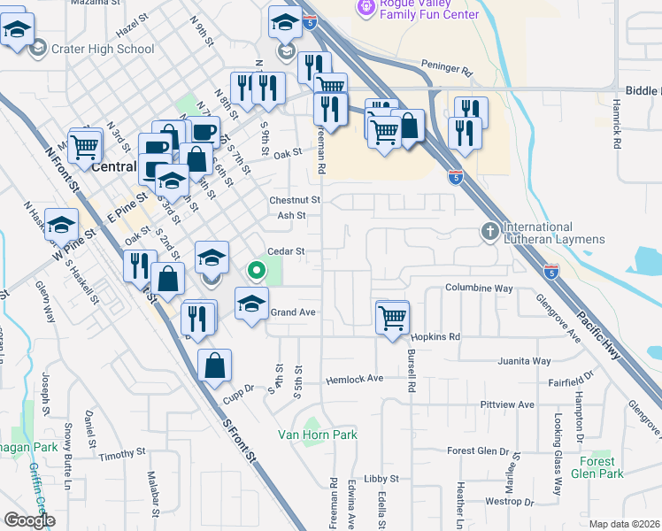 map of restaurants, bars, coffee shops, grocery stores, and more near 197 Mountain View Drive in Central Point