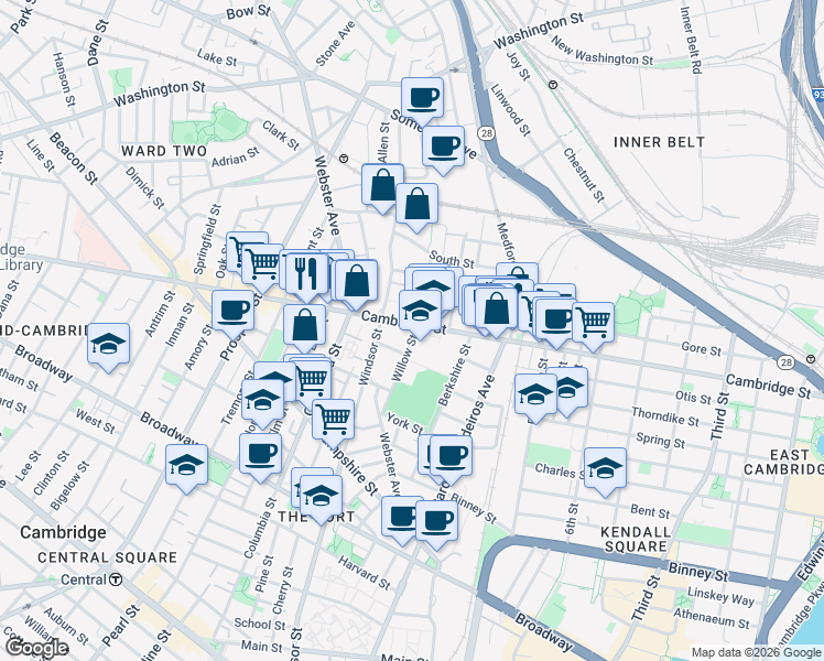 map of restaurants, bars, coffee shops, grocery stores, and more near 3 Palermo Street in Cambridge