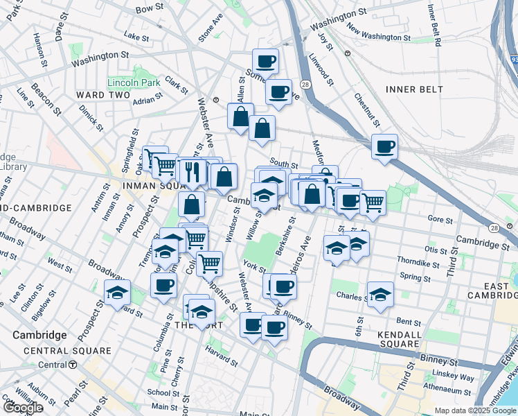 map of restaurants, bars, coffee shops, grocery stores, and more near 114 Willow Street in Cambridge