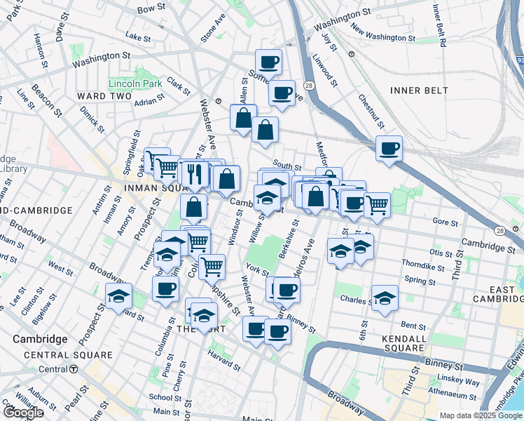 map of restaurants, bars, coffee shops, grocery stores, and more near 110 Willow Street in Cambridge