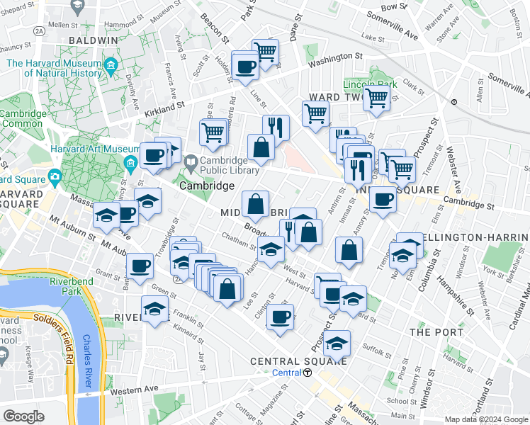 map of restaurants, bars, coffee shops, grocery stores, and more near in Cambridge