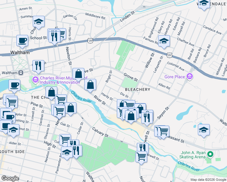map of restaurants, bars, coffee shops, grocery stores, and more near 11 Hagar Street in Waltham