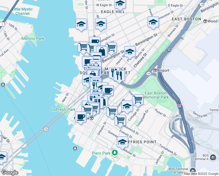 map of restaurants, bars, coffee shops, grocery stores, and more near 113 Paris Street in Boston