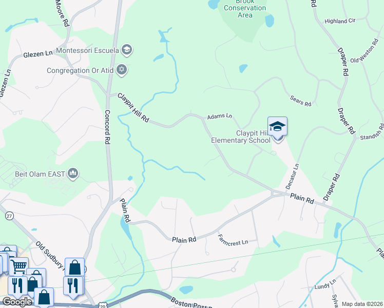 map of restaurants, bars, coffee shops, grocery stores, and more near 63 Claypit Hill Road in Wayland