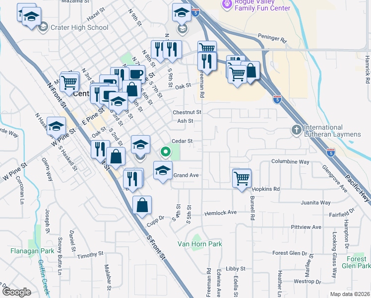 map of restaurants, bars, coffee shops, grocery stores, and more near 527 Bush Street in Central Point