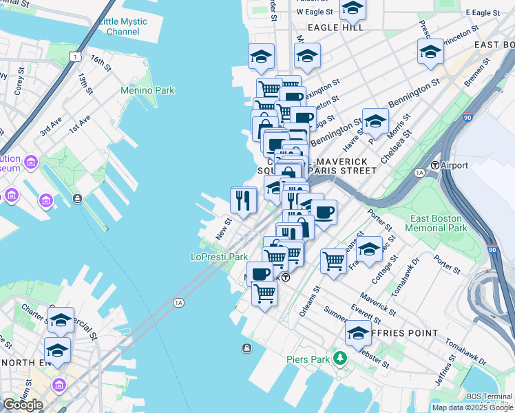 map of restaurants, bars, coffee shops, grocery stores, and more near 72 Liverpool Street in Boston