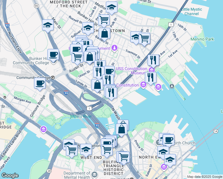 map of restaurants, bars, coffee shops, grocery stores, and more near 100 City Square in Boston