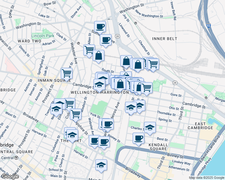 map of restaurants, bars, coffee shops, grocery stores, and more near 746 Cambridge Street in Cambridge