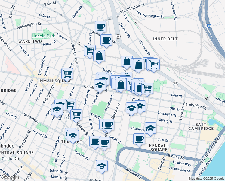 map of restaurants, bars, coffee shops, grocery stores, and more near 746 Cambridge Street in Cambridge