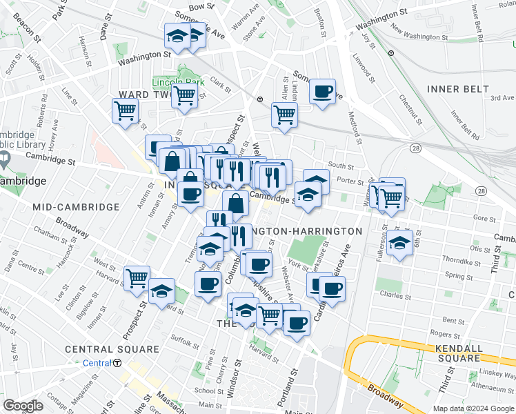 map of restaurants, bars, coffee shops, grocery stores, and more near 361 Columbia Street in Cambridge