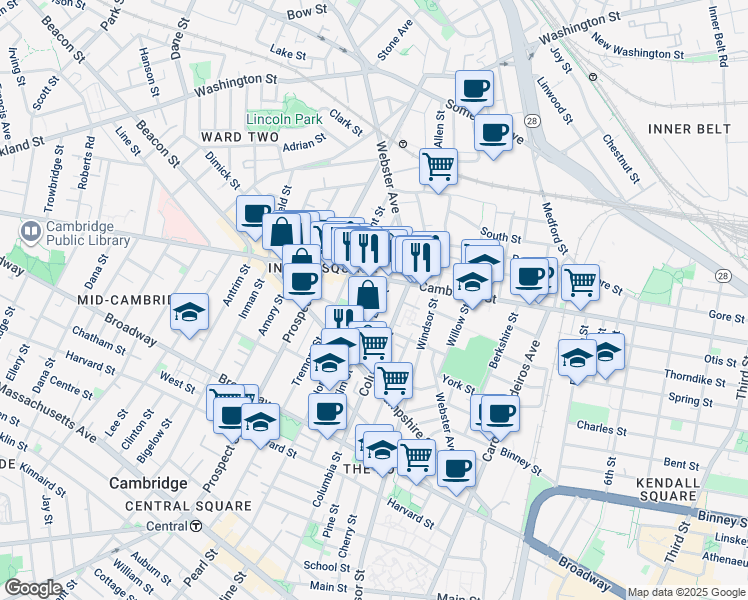 map of restaurants, bars, coffee shops, grocery stores, and more near 361 Columbia Street in Cambridge
