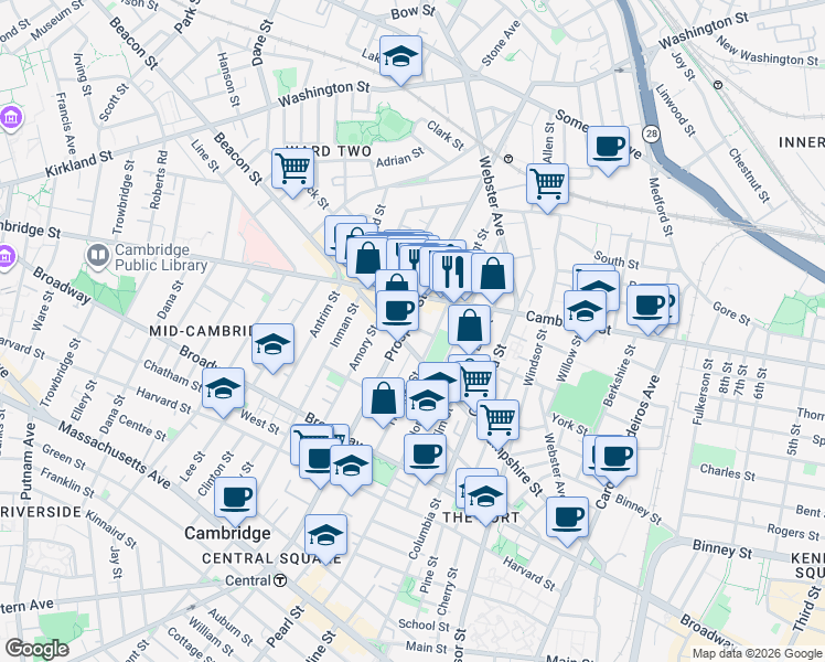 map of restaurants, bars, coffee shops, grocery stores, and more near 171 Hampshire Street in Cambridge