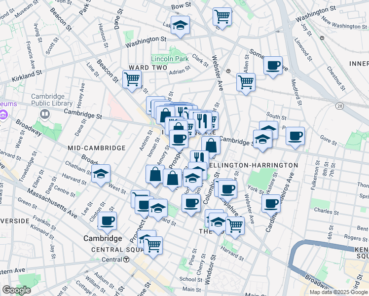 map of restaurants, bars, coffee shops, grocery stores, and more near 171 Hampshire Street in Cambridge