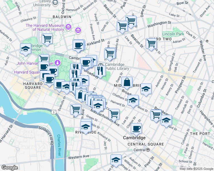 map of restaurants, bars, coffee shops, grocery stores, and more near in Cambridge