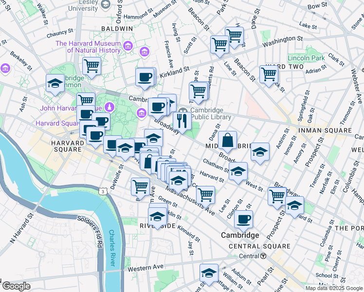 map of restaurants, bars, coffee shops, grocery stores, and more near in Cambridge