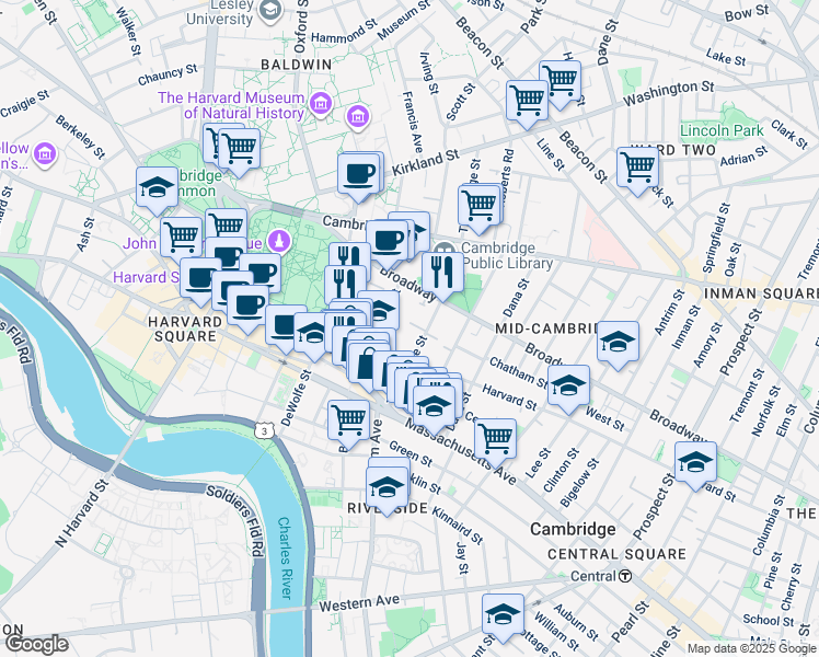 map of restaurants, bars, coffee shops, grocery stores, and more near 4 Trowbridge Place in Cambridge