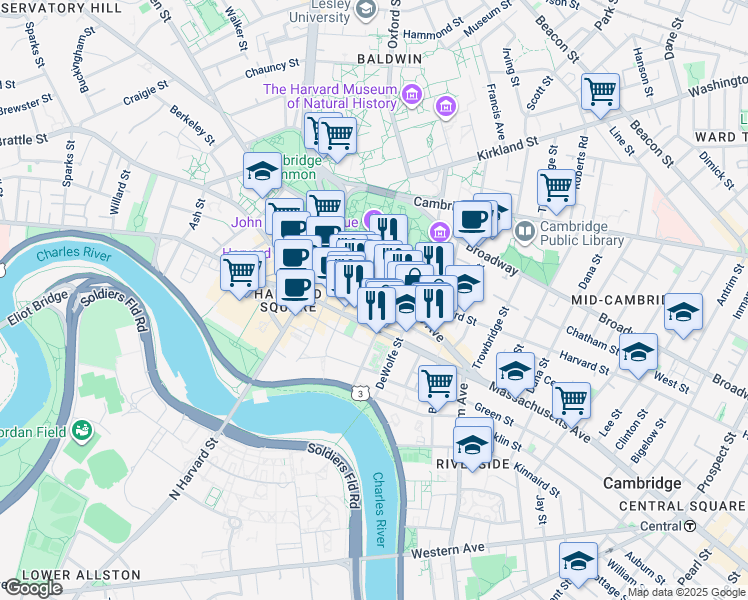 map of restaurants, bars, coffee shops, grocery stores, and more near 22 Plympton Street in Cambridge