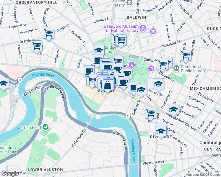 map of restaurants, bars, coffee shops, grocery stores, and more near 59 John F. Kennedy Street in Cambridge