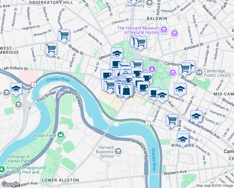 map of restaurants, bars, coffee shops, grocery stores, and more near in Cambridge