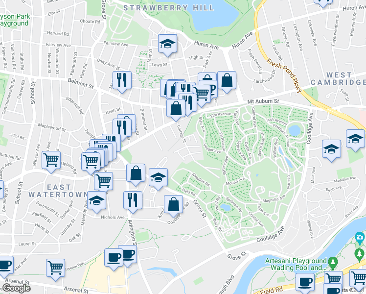 map of restaurants, bars, coffee shops, grocery stores, and more near 8 Cottage Lane in Watertown