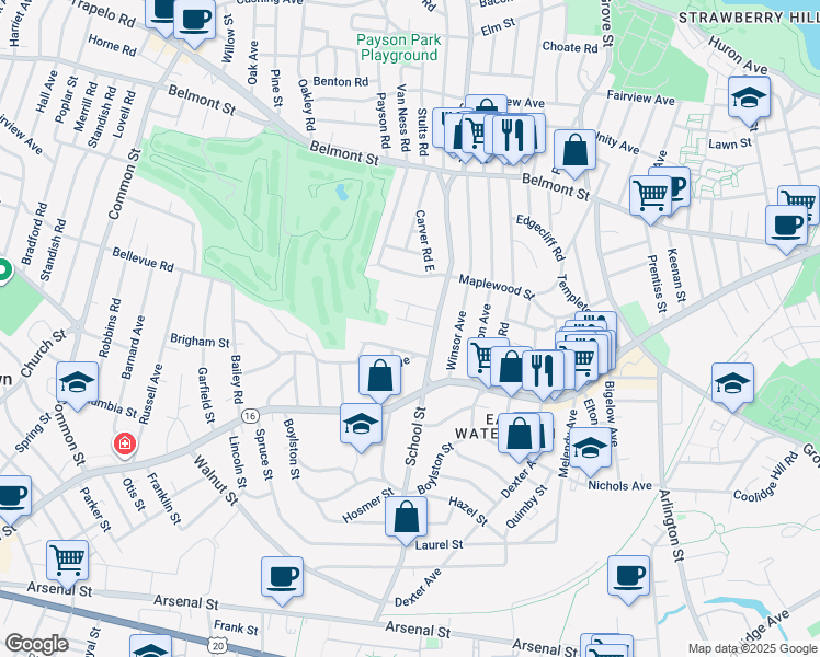 map of restaurants, bars, coffee shops, grocery stores, and more near 25 Shattuck Road in Watertown