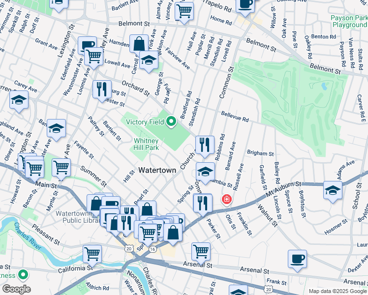 map of restaurants, bars, coffee shops, grocery stores, and more near 145 Church Street in Watertown