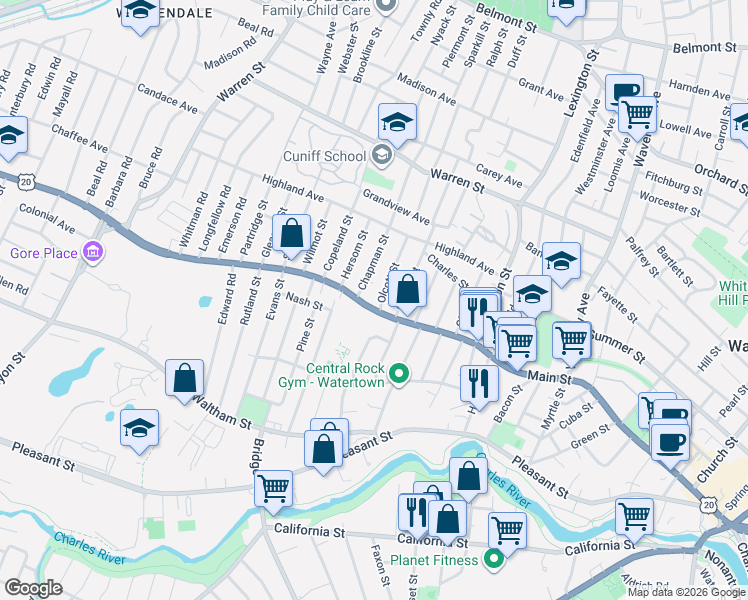 map of restaurants, bars, coffee shops, grocery stores, and more near 543 Main Street in Watertown