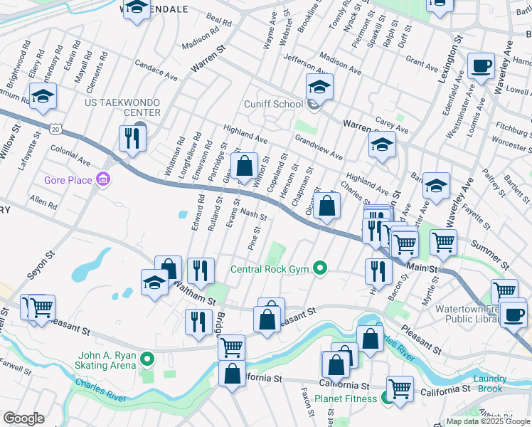 map of restaurants, bars, coffee shops, grocery stores, and more near 41 Pine Street in Watertown