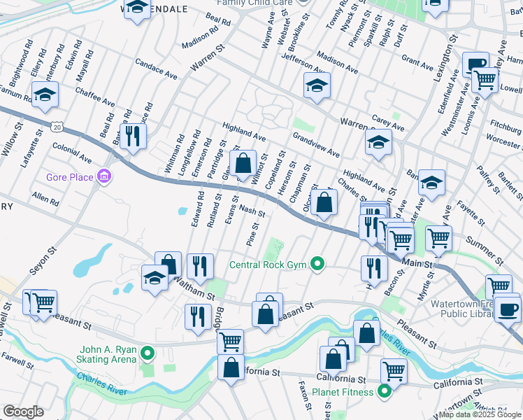 map of restaurants, bars, coffee shops, grocery stores, and more near 41 Pine Street in Watertown