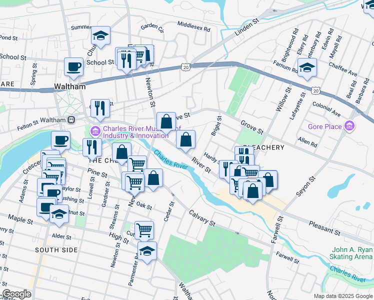 map of restaurants, bars, coffee shops, grocery stores, and more near 260 River Street in Waltham