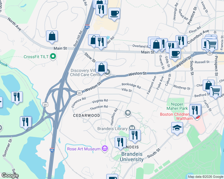 map of restaurants, bars, coffee shops, grocery stores, and more near 71 Florence Road in Waltham