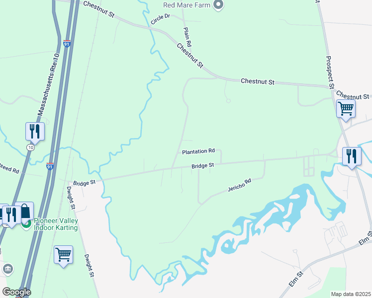 map of restaurants, bars, coffee shops, grocery stores, and more near 19 Plantation Road in Hatfield
