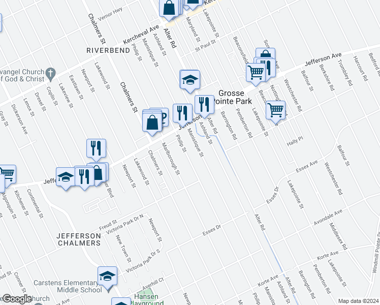 map of restaurants, bars, coffee shops, grocery stores, and more near 803 Philip Street in Detroit