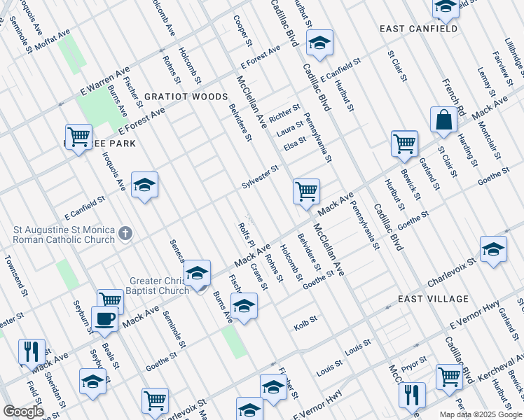map of restaurants, bars, coffee shops, grocery stores, and more near 3762 Holcomb Street in Detroit