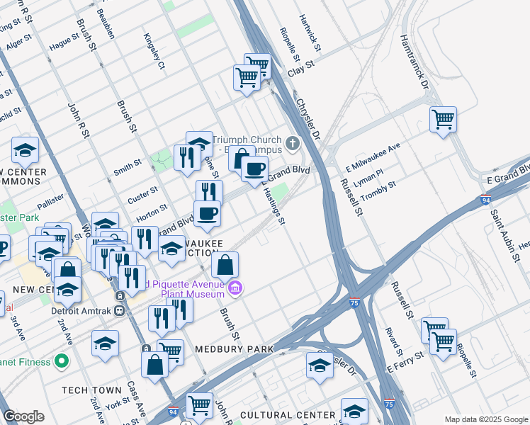 map of restaurants, bars, coffee shops, grocery stores, and more near 650 East Milwaukee Avenue in Detroit